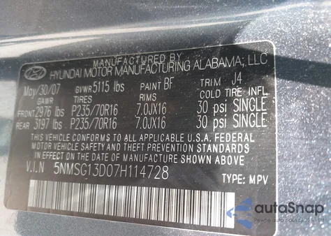 2007 Hyundai Santa Fe Gls из США, поврежденный, VIN 5NMSG13D07H114728